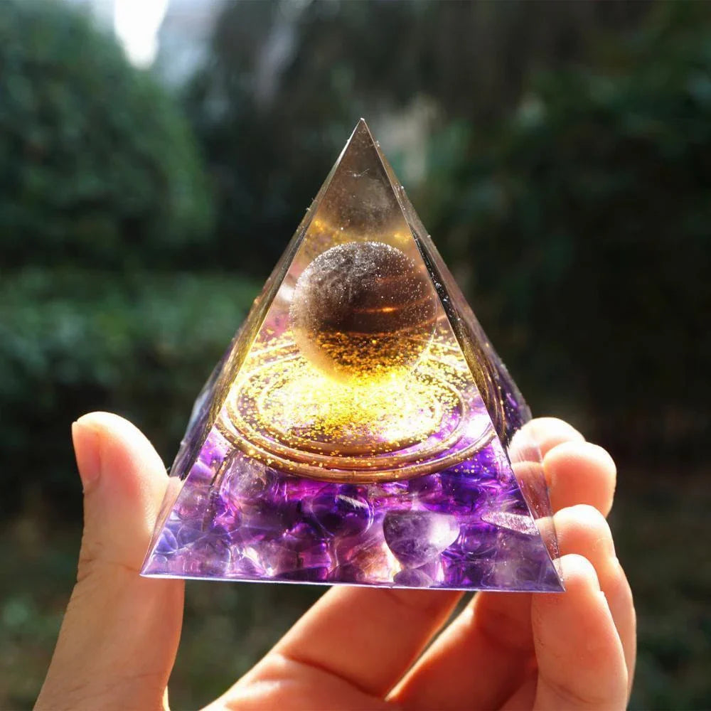Premium Reiki Healing Crystal Pyramid - Handcrafted with Amethyst and Tiger's Eye, Infused with Orgone Technology for Radiation Protection and Chakra Alignment