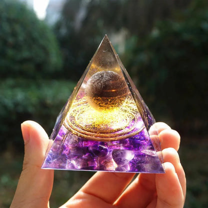 Premium Reiki Healing Crystal Pyramid - Handcrafted with Amethyst and Tiger's Eye, Infused with Orgone Technology for Radiation Protection and Chakra Alignment