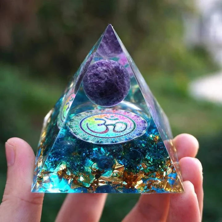 Premium Reiki Healing Crystal Pyramid - Handcrafted with Amethyst and Tiger's Eye, Infused with Orgone Technology for Radiation Protection and Chakra Alignment