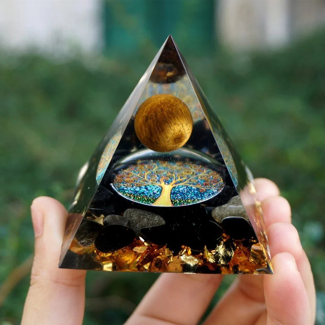 Premium Reiki Healing Crystal Pyramid - Handcrafted with Amethyst and Tiger's Eye, Infused with Orgone Technology for Radiation Protection and Chakra Alignment