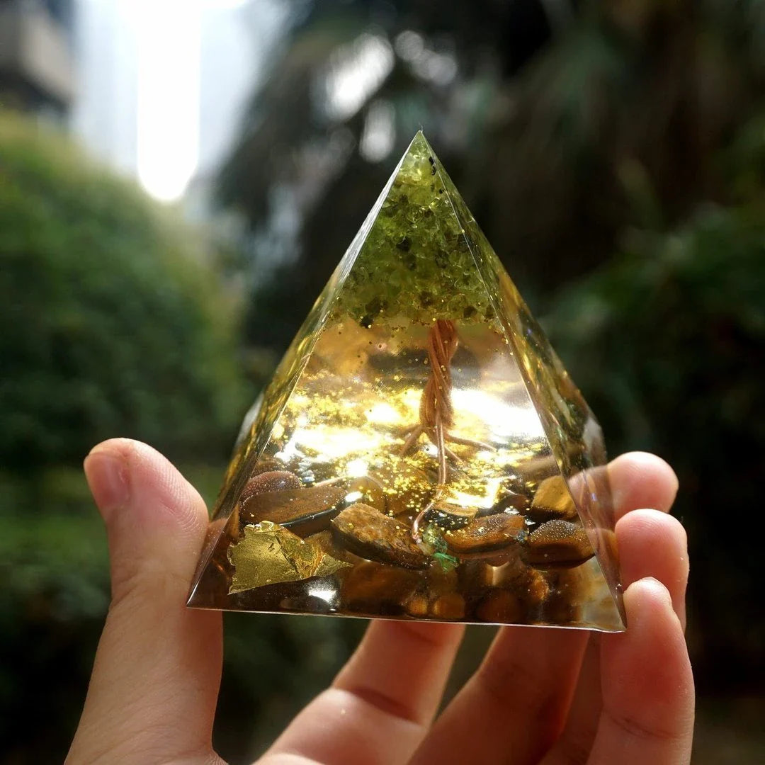 Premium Reiki Healing Crystal Pyramid - Handcrafted with Amethyst and Tiger's Eye, Infused with Orgone Technology for Radiation Protection and Chakra Alignment