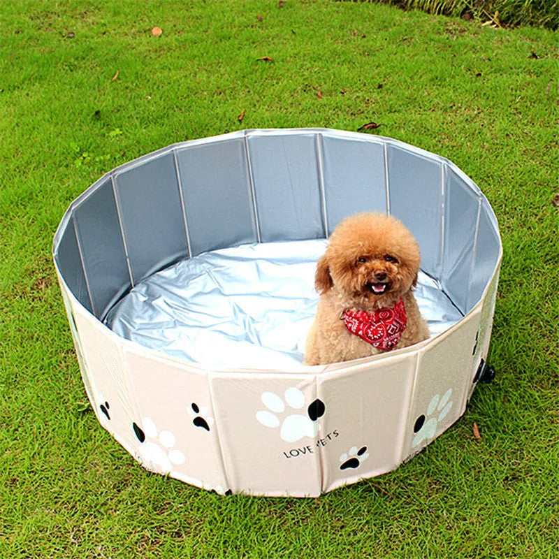 Blue PVC folding round pet bathtub with composite fabric hammock, shown in an unfolded state ready for use.
