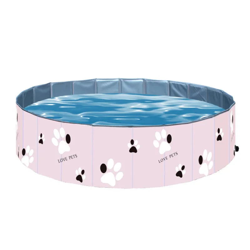 Blue PVC folding round pet bathtub with composite fabric hammock, shown in an unfolded state ready for use.