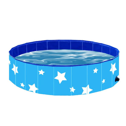 Blue PVC folding round pet bathtub with composite fabric hammock, shown in an unfolded state ready for use.