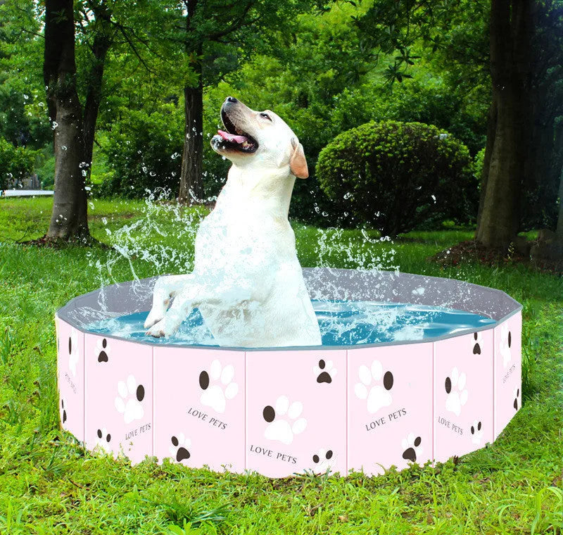 Blue PVC folding round pet bathtub with composite fabric hammock, shown in an unfolded state ready for use.