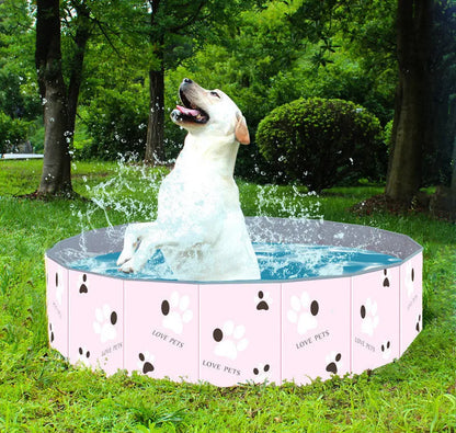 Blue PVC folding round pet bathtub with composite fabric hammock, shown in an unfolded state ready for use.