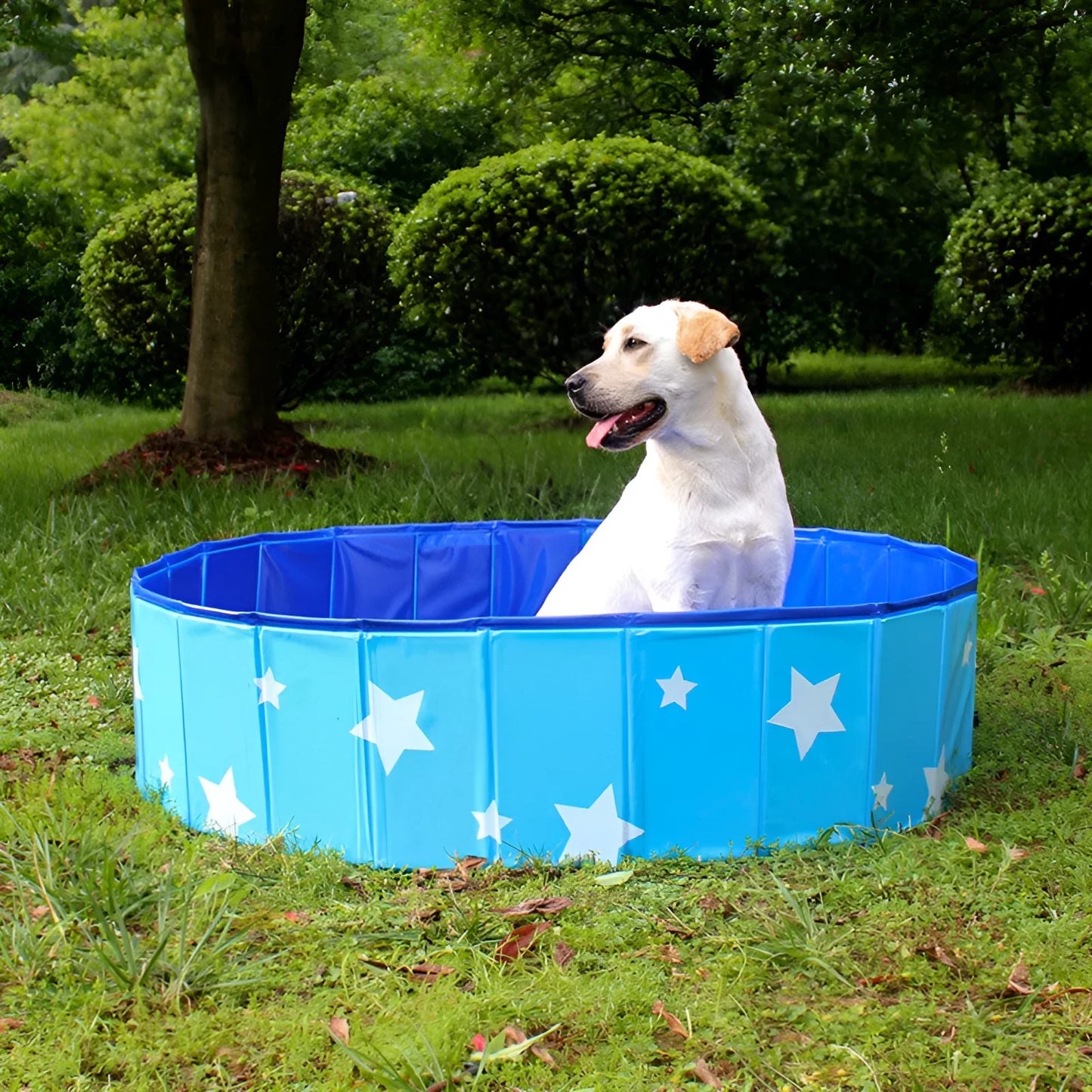 Blue PVC folding round pet bathtub with composite fabric hammock, shown in an unfolded state ready for use.