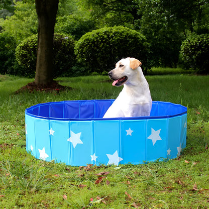 Blue PVC folding round pet bathtub with composite fabric hammock, shown in an unfolded state ready for use.
