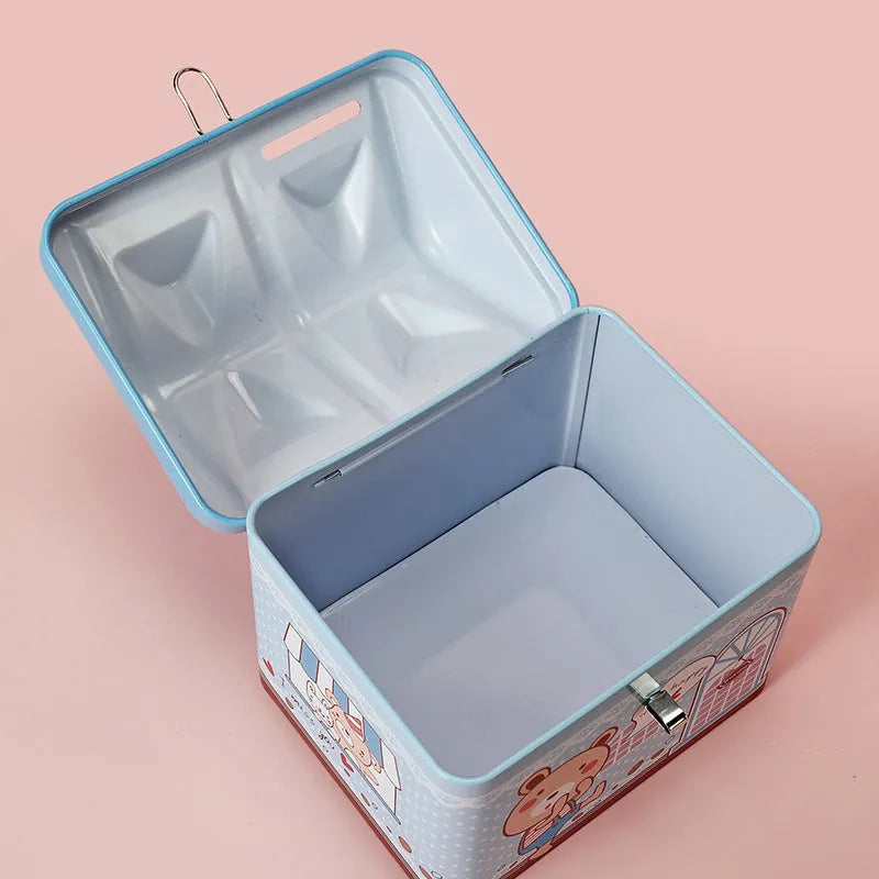 Tinplate piggy bank house shape coin savings bank for children and adults, round storage box with slot opening, blue or pink colour, measures 112mm x 88mm x 104mm for desktop or living room organisation