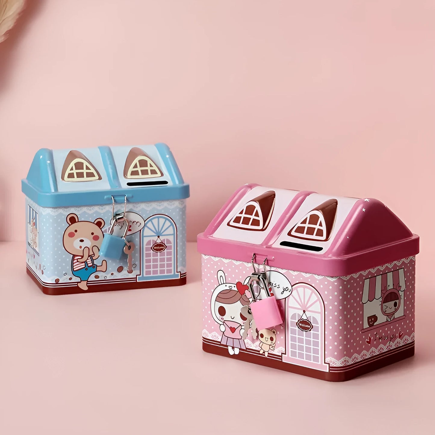 Blue tinplate house-shaped piggy bank with coin slot on round base