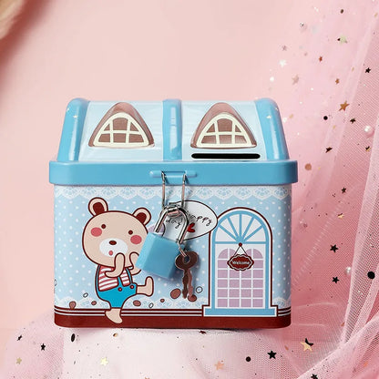 Blue tinplate house-shaped piggy bank with coin slot on round base