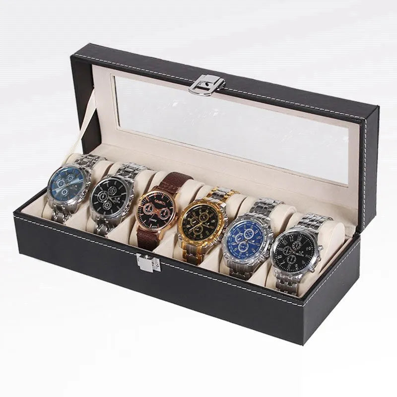 Black wooden watch storage box with six clear display windows for watches.