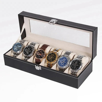 Black wooden watch storage box with six clear display windows for watches.