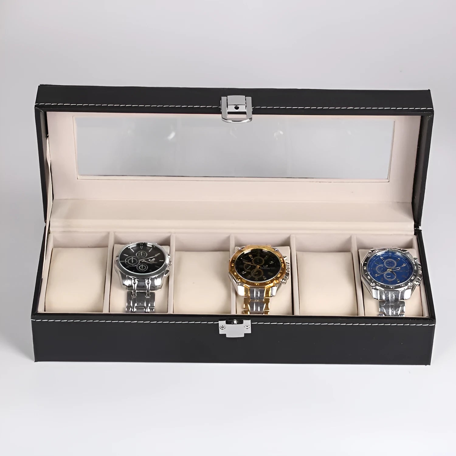 Black wooden watch storage box with six clear display windows for watches.