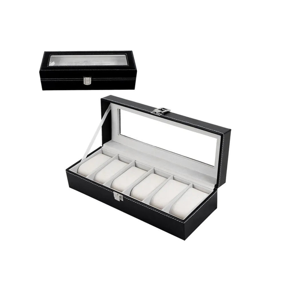 Black wooden watch storage box with six clear display windows for watches.