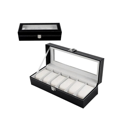 Black wooden watch storage box with six clear display windows for watches.