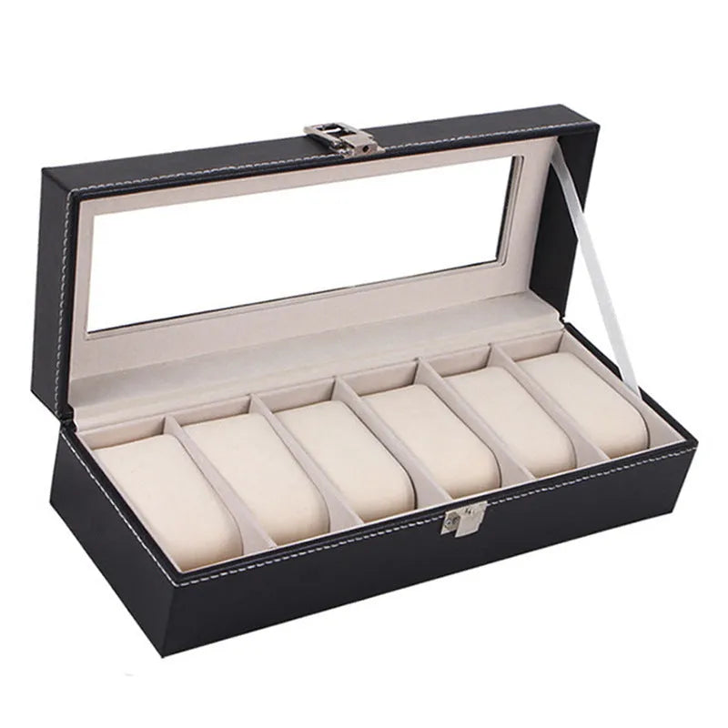 Black wooden watch storage box with six clear display windows for watches.