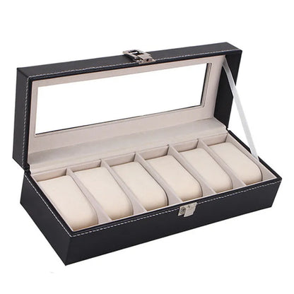 Black wooden watch storage box with six clear display windows for watches.