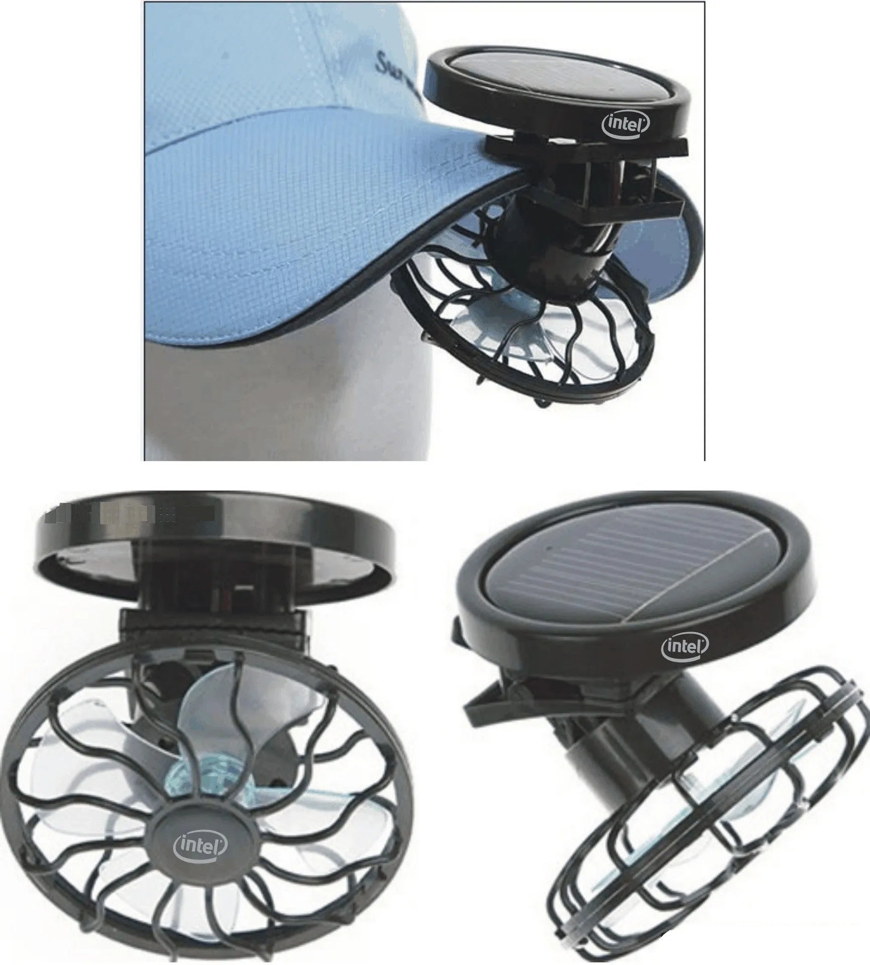 Black solar clip fan with 20cm panel attached to camping chair