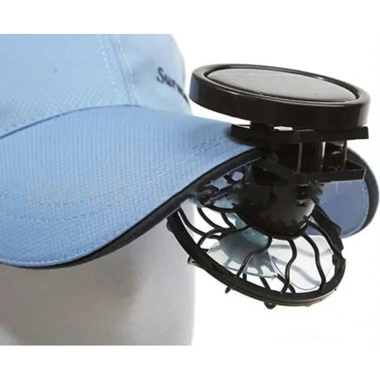 Black solar clip fan with 20cm panel attached to camping chair