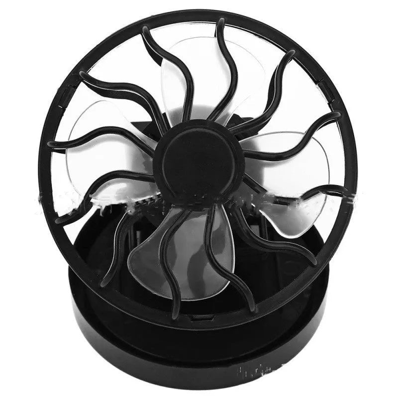 Black solar clip fan with 20cm panel attached to camping chair