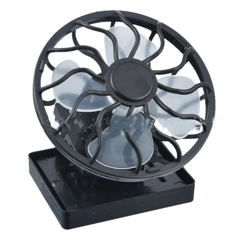 Black solar clip fan with 20cm panel attached to camping chair