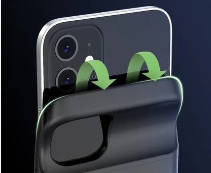 Black ultra-thin TPU back clip battery pack for iPhone 12 with wireless charging showing compact size.
