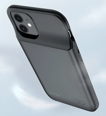 Black ultra-thin TPU back clip battery pack for iPhone 12 with wireless charging showing compact size.