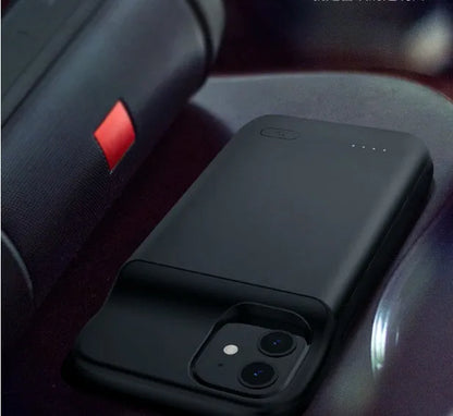 Black ultra-thin TPU back clip battery pack for iPhone 12 with wireless charging showing compact size.