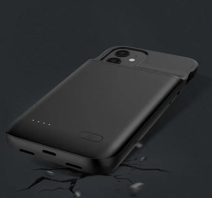 Black ultra-thin TPU back clip battery pack for iPhone 12 with wireless charging showing compact size.