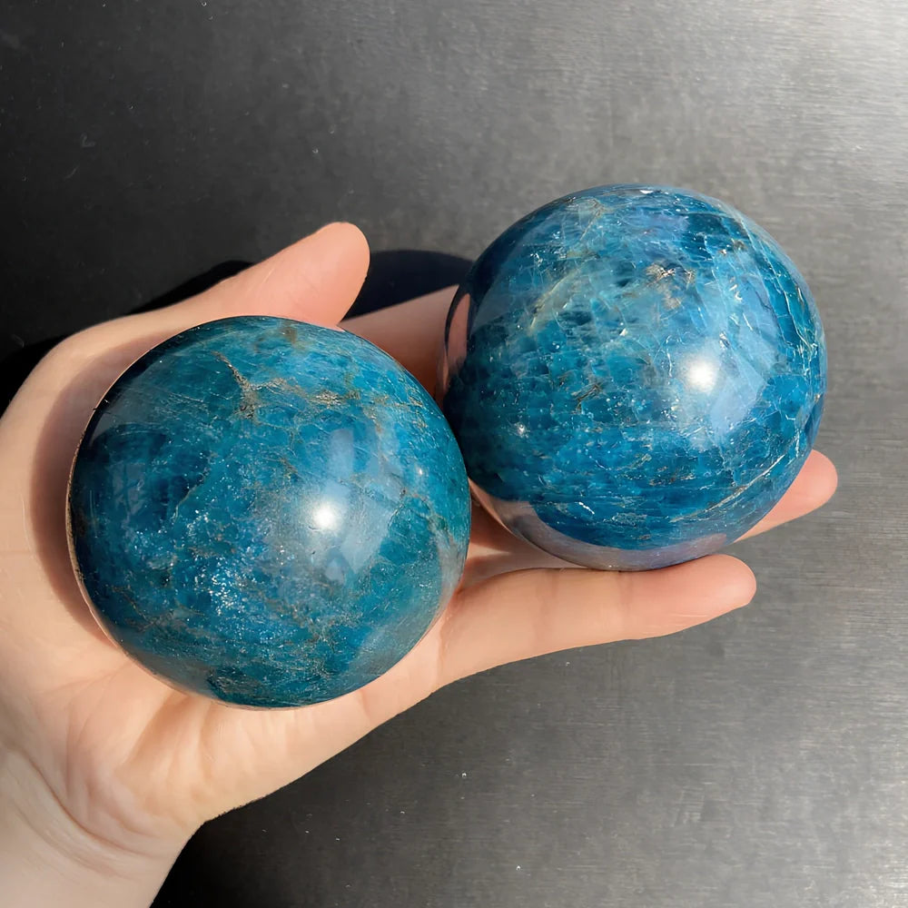 Natural Blue Apatite crystal ball sphere in various sizes from 5.5cm to 8cm diameter