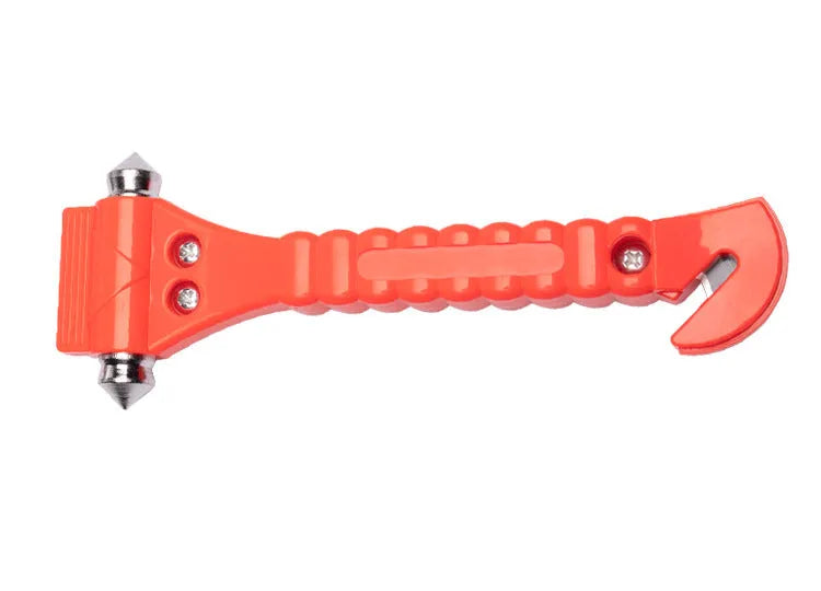 Car life saving two-in-one solid hammer in red, an ABS and carbon steel safety hammer with seatbelt cutter and spring-loaded window breaker designed for vehicle emergency escape and roadside assistance.