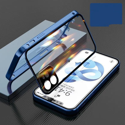 Black magnetic bumper phone case with metal frame and tempered glass for iPhone, showing camera lens cover.