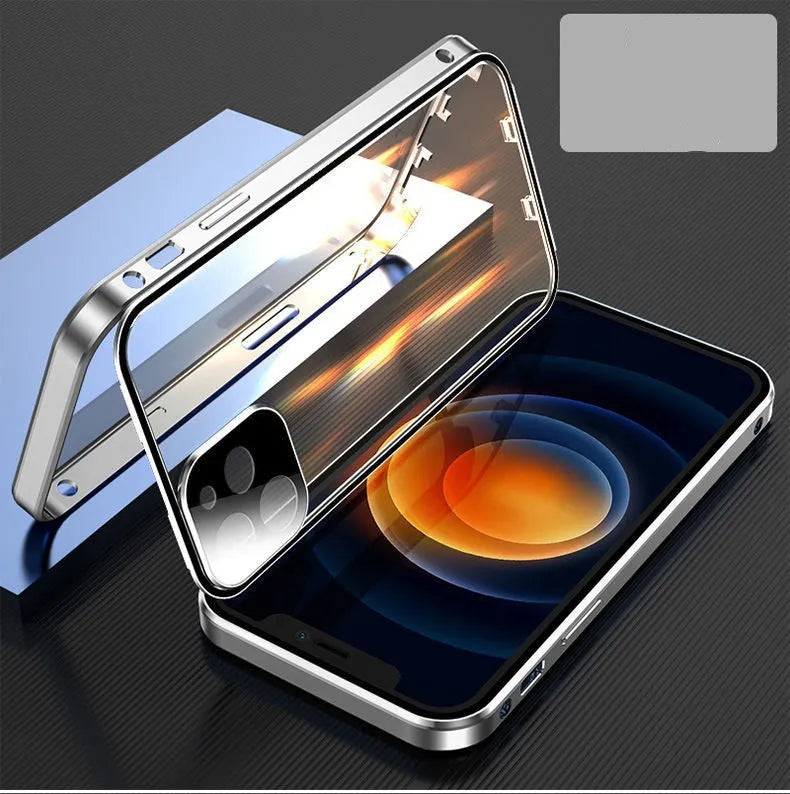 Black magnetic bumper phone case with metal frame and tempered glass for iPhone, showing camera lens cover.