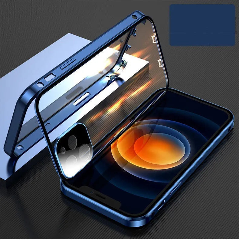 Black magnetic bumper phone case with metal frame and tempered glass for iPhone, showing camera lens cover.