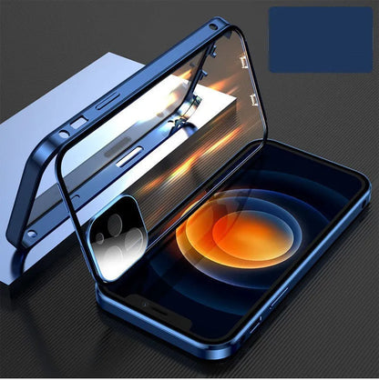 Black magnetic bumper phone case with metal frame and tempered glass for iPhone, showing camera lens cover.