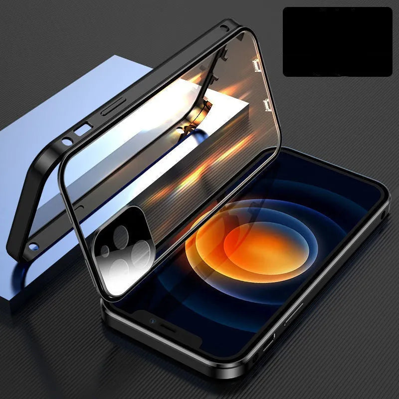 Black magnetic bumper phone case with metal frame and tempered glass for iPhone, showing camera lens cover.