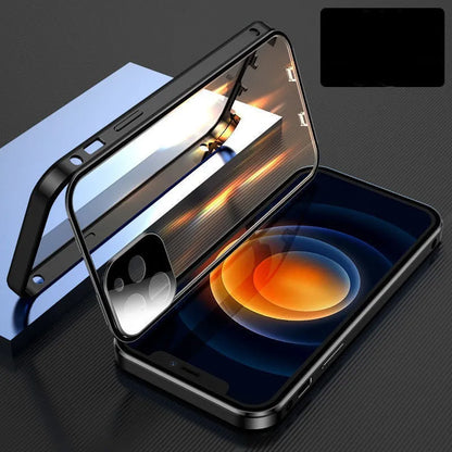 Black magnetic bumper phone case with metal frame and tempered glass for iPhone, showing camera lens cover.