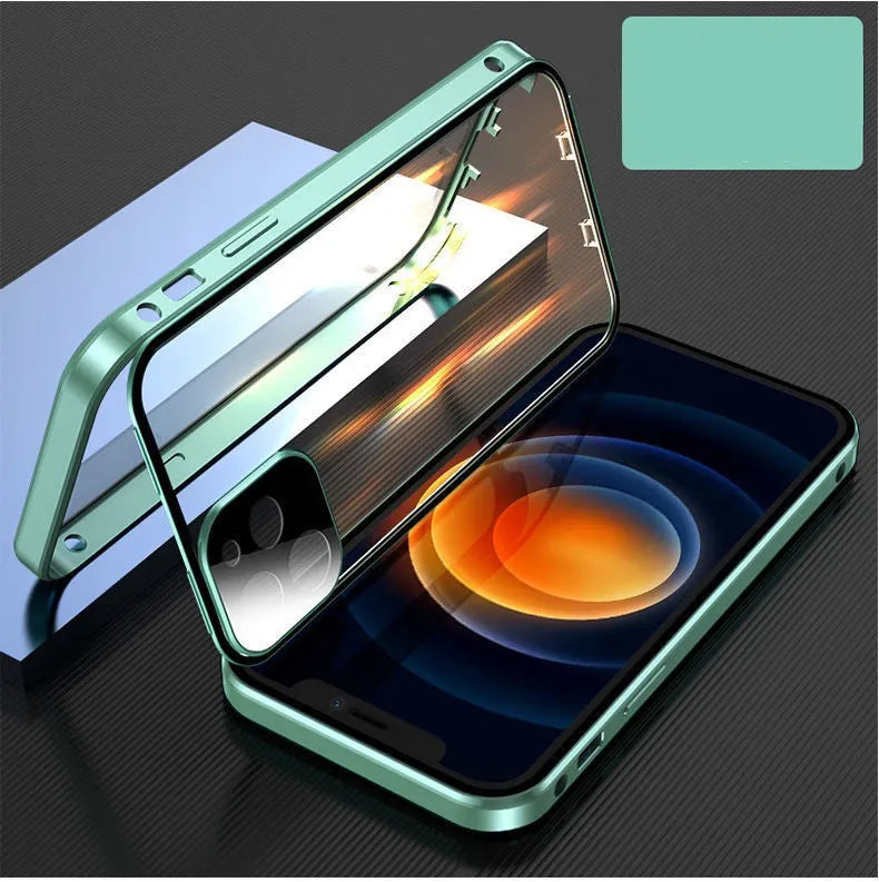 Black magnetic bumper phone case with metal frame and tempered glass for iPhone, showing camera lens cover.