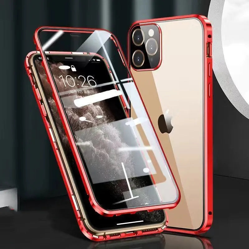 Black magnetic bumper phone case with metal frame and tempered glass for iPhone, showing camera lens cover.
