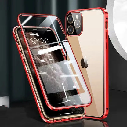 Black magnetic bumper phone case with metal frame and tempered glass for iPhone, showing camera lens cover.