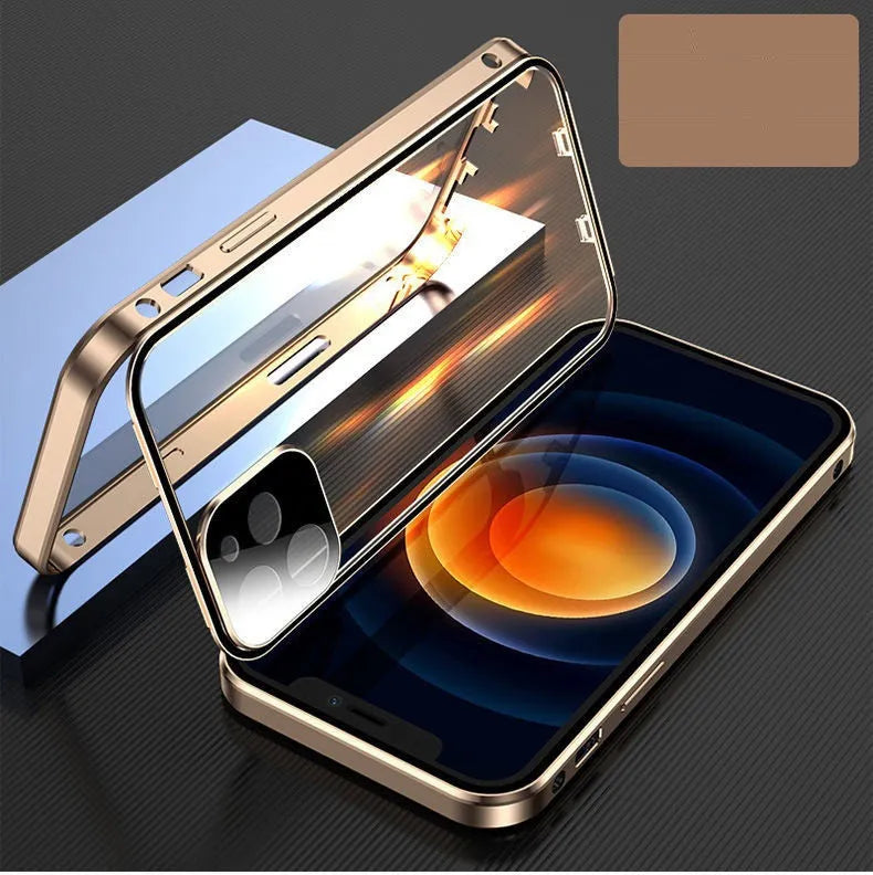Black magnetic bumper phone case with metal frame and tempered glass for iPhone, showing camera lens cover.