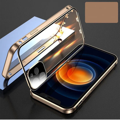 Black magnetic bumper phone case with metal frame and tempered glass for iPhone, showing camera lens cover.
