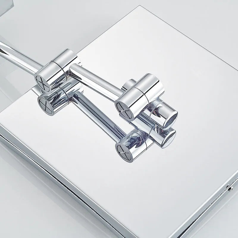 Bathroom makeup mirror with stainless steel folding frame, 8.5 inch silver glass lens with hidden switch, available in ancient black, golden, nickel wire drawing, or silver finish for compact 200x200mm bathroom spaces.