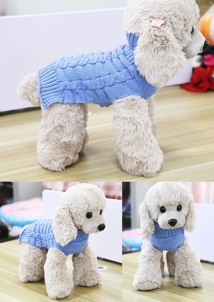 Cashmere twisted rope pattern wool dog sweater shown in blue colour on small dog