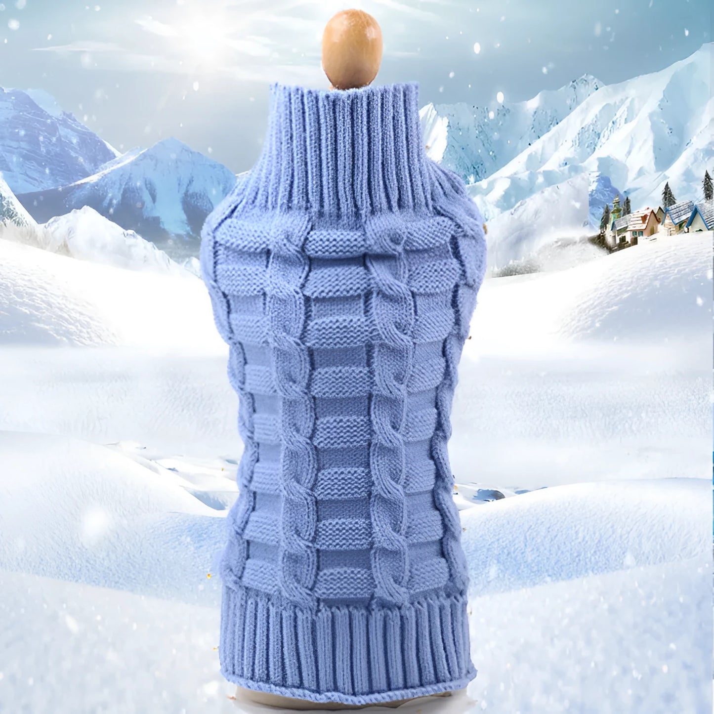 Cashmere twisted rope pattern wool dog sweater shown in blue colour on small dog