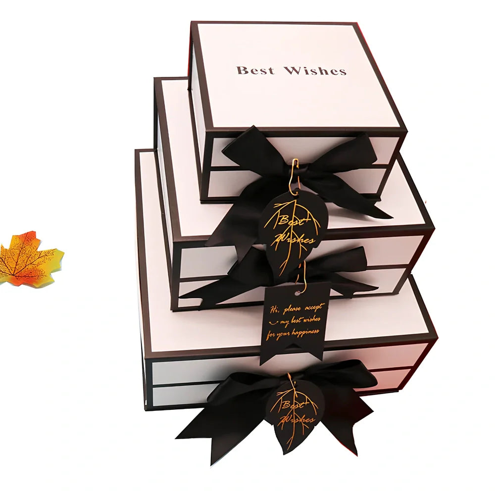 White square clamshell paper gift box for cosmetics, sizes 12-21cm with raffia and bag options