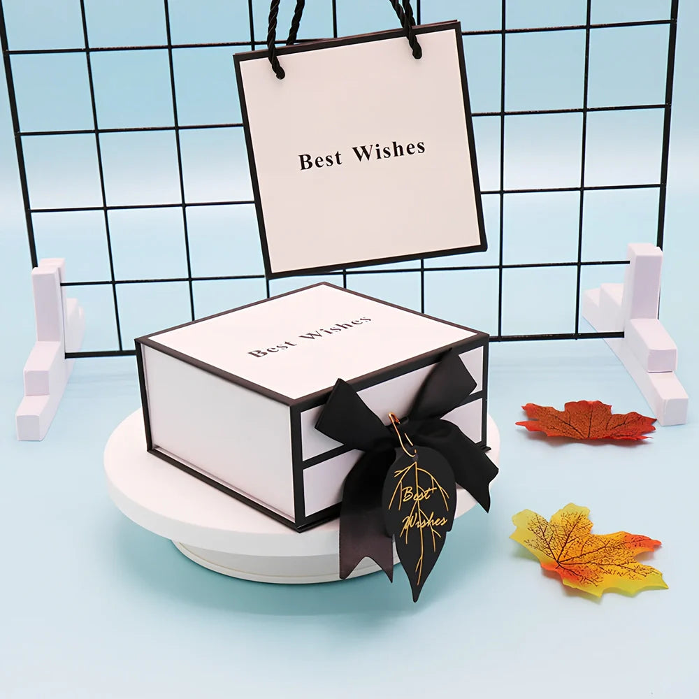 White square clamshell paper gift box for cosmetics, sizes 12-21cm with raffia and bag options