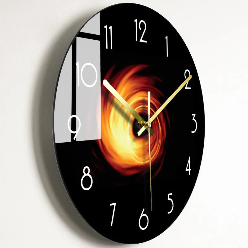 Round silent wall clock with acrylic glass dial, shown in a living room setting.