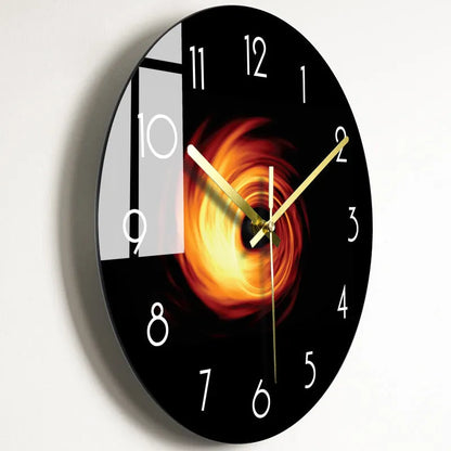 Round silent wall clock with acrylic glass dial, shown in a living room setting.